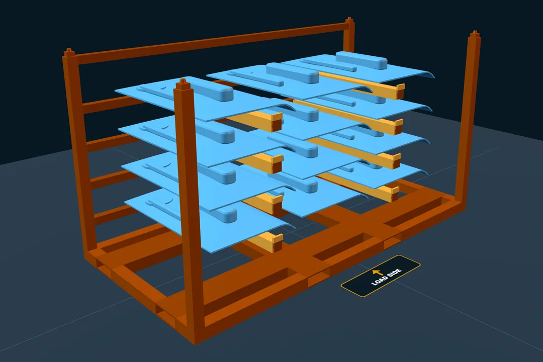 Steel cantilever rack with sample trim panels resting on rows of arms