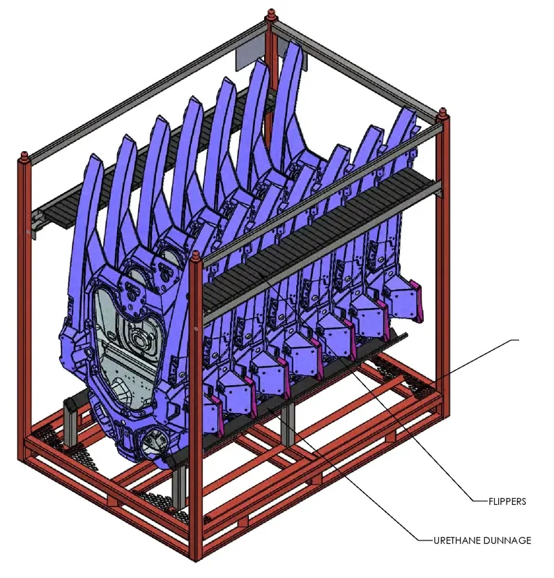 PSS drawing of a steel flipper rack holding a large assembly between urethane flippers, with urethane dunnage below